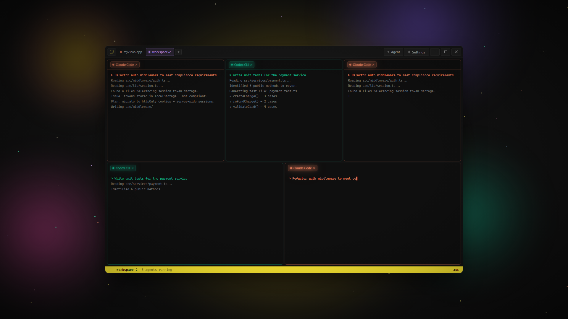 Lemonade — 5 AI coding agents running side by side: Claude Code, Gemini CLI, Codex CLI, OpenCode, and a custom terminal, each in their own native PTY session