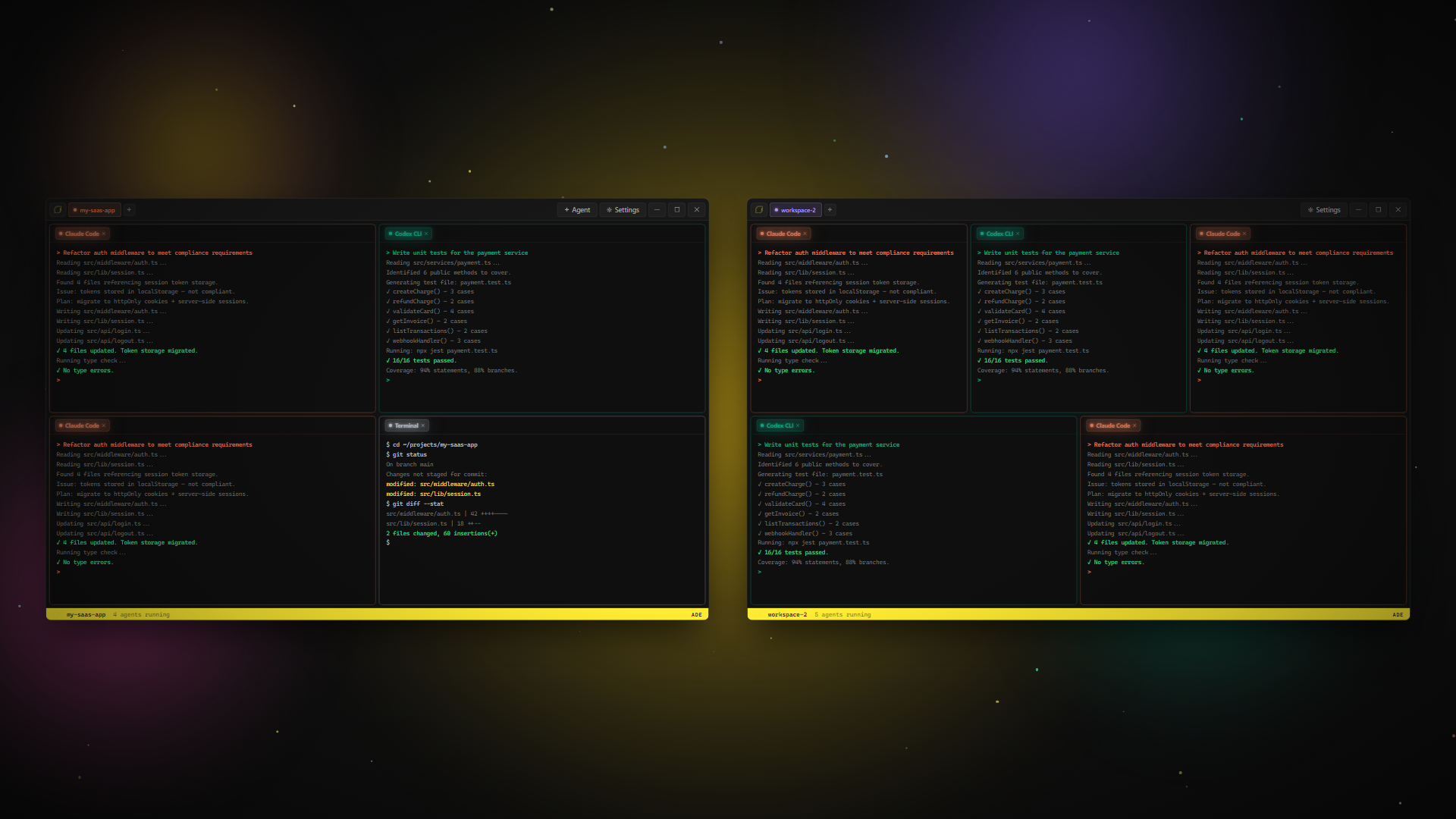 Lemonade dual workspace — two independent agent sessions running side by side, each with its own working directory and terminal grid